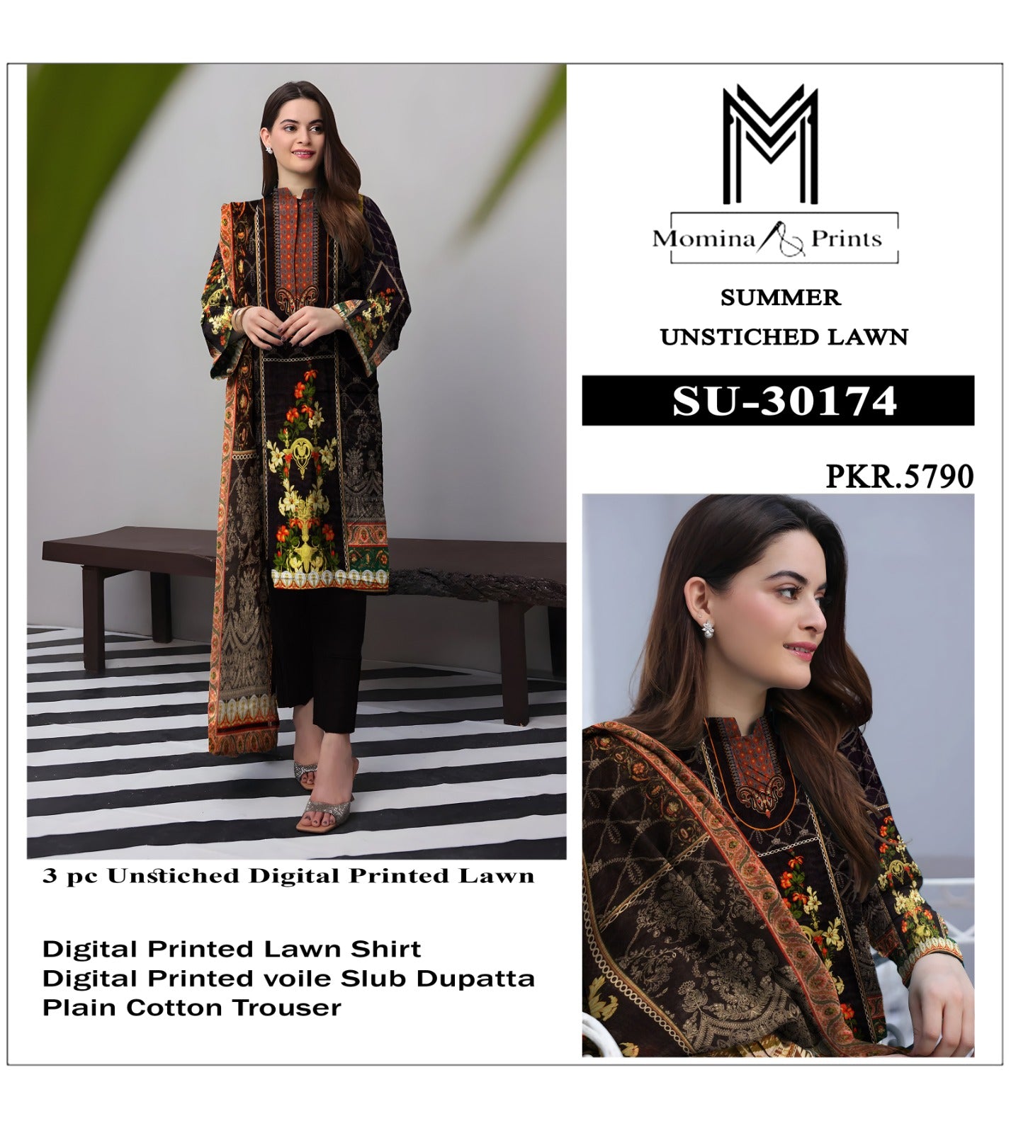 Momina Prints SU-30174 – Unstitched 3-Piece Digital Printed Lawn Suit