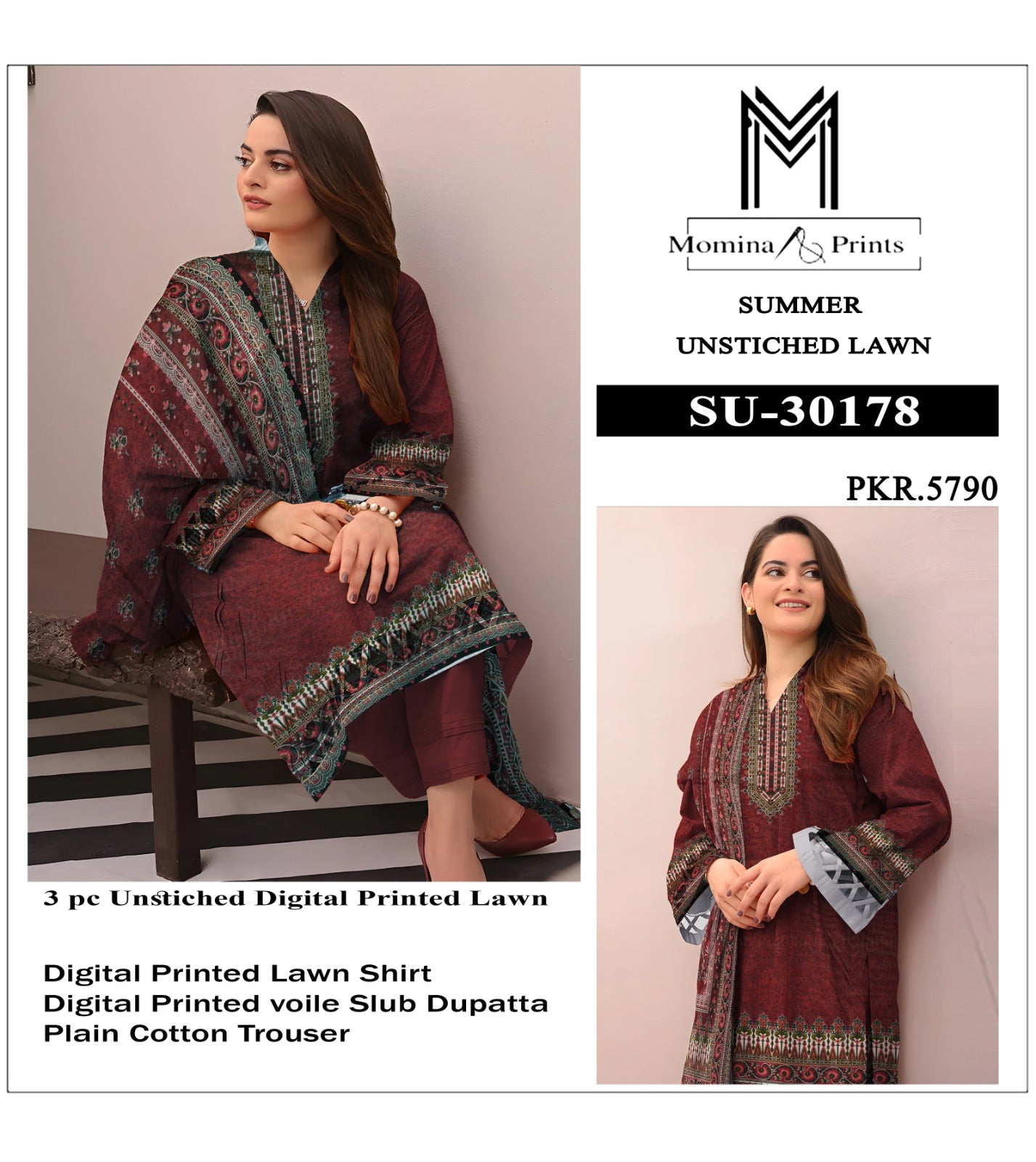 Momina Prints SU-30178 – Unstitched 3-Piece Digital Printed Lawn Suit